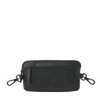 Stylish black leather waist pack for insulin pump and essentials with zippered pockets and hooks.