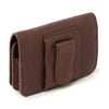 Leather insulin pump bag with a secure flap, magnetic button, and back tab for versatile attachment.