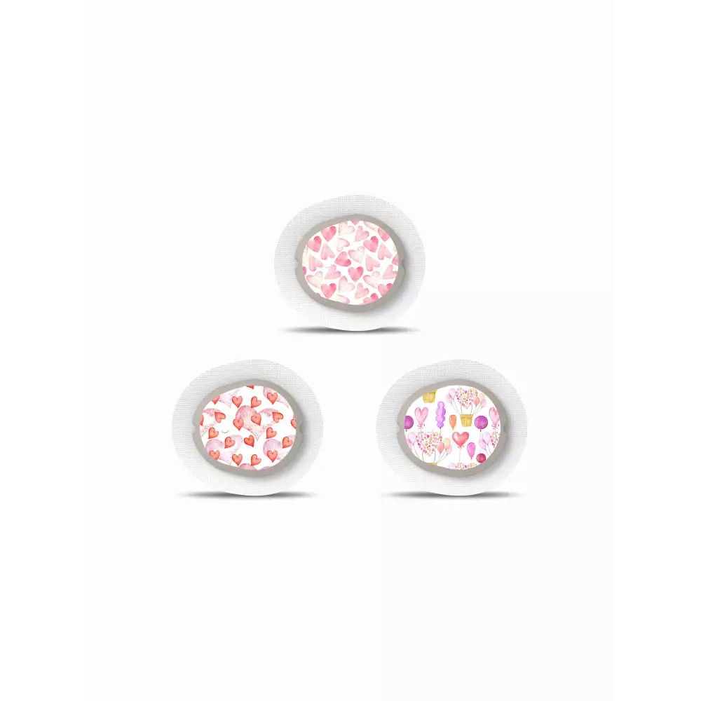 Valentine-themed Dexcom G7 sensor stickers with heart designs, set of 3.