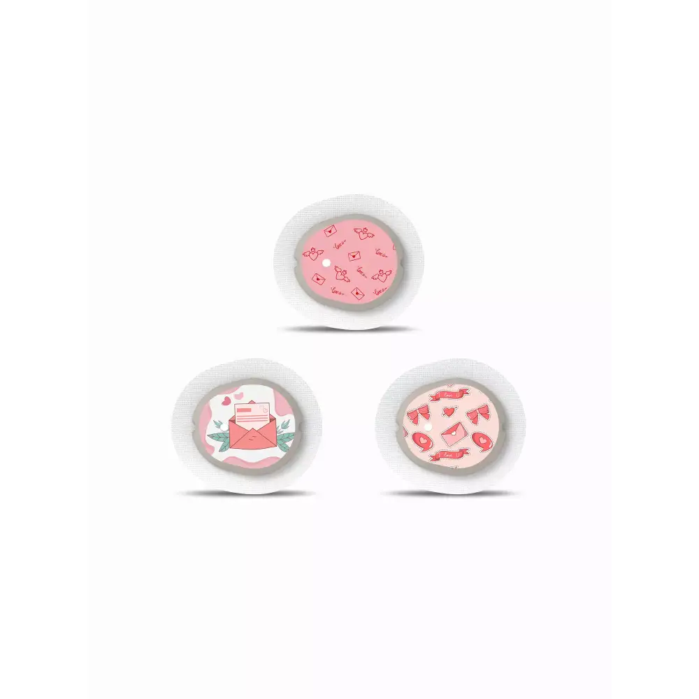 Valentine-themed Dexcom G7 sensor stickers, pink design, festive diabetes accessories.