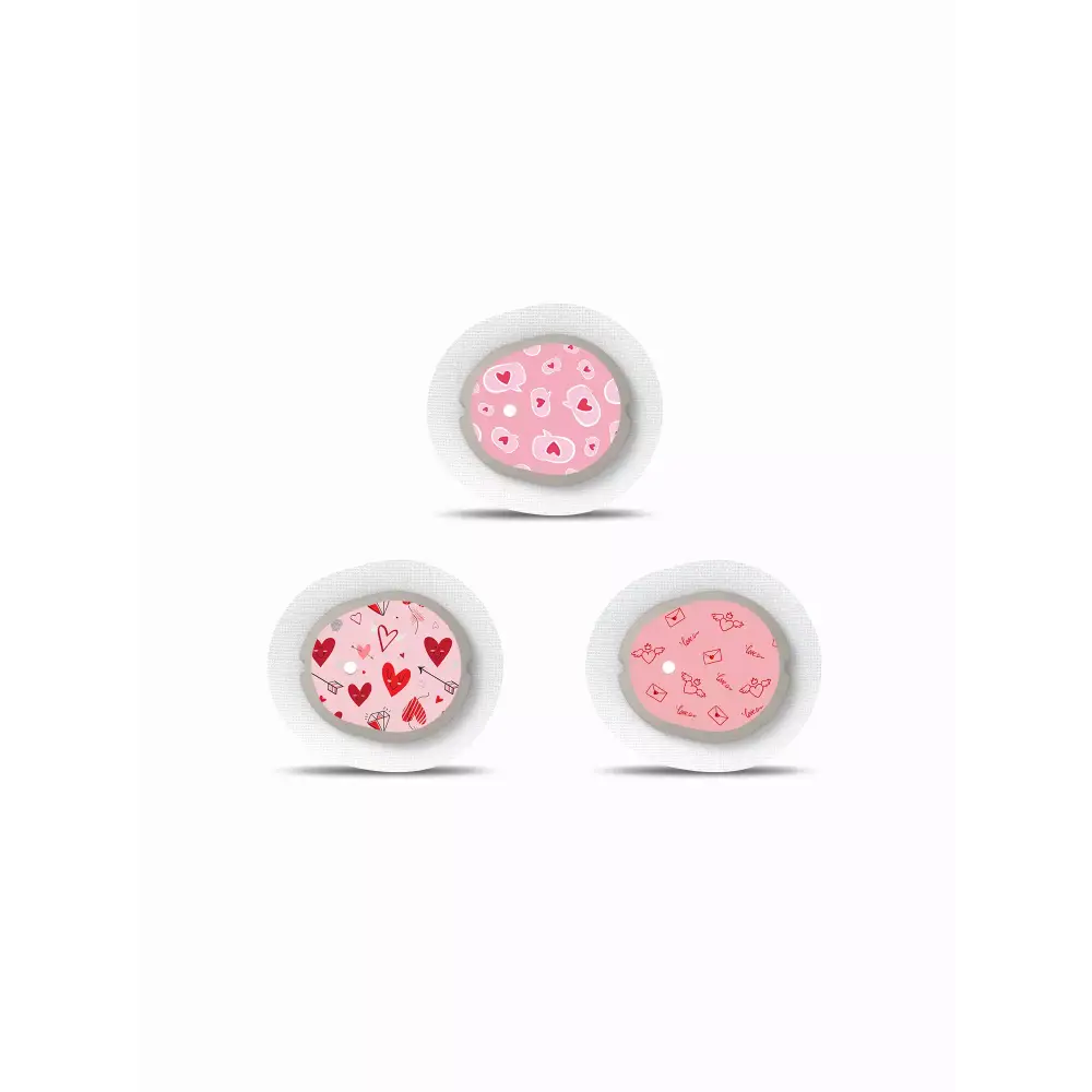 Valentine-themed Dexcom G7 sensor stickers with heart designs.