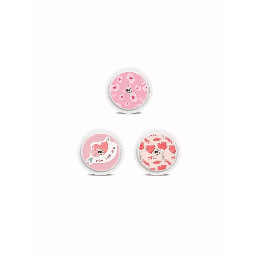 Freestyle Libre 2 Sensor Stickers - Valentine Edition 2024 with rainbow hearts and love motifs.