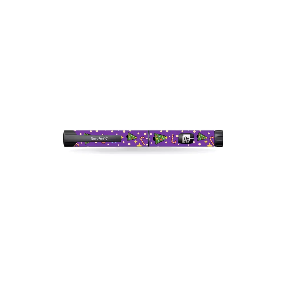 Novopen Echo insulin pen with Christmas-themed sticker featuring trees and candy canes.