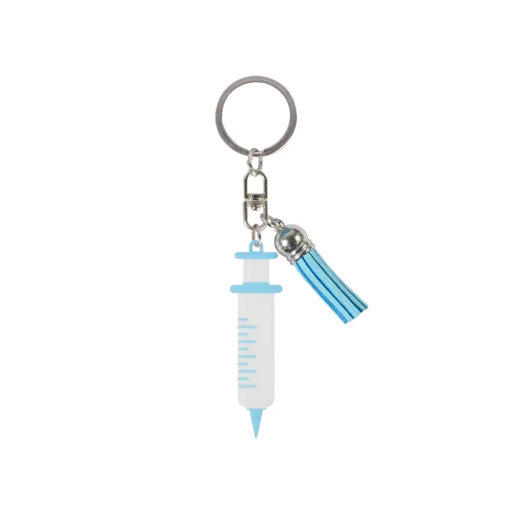 Medical awareness keychain with syringe motif, promoting important causes while keeping keys organized.