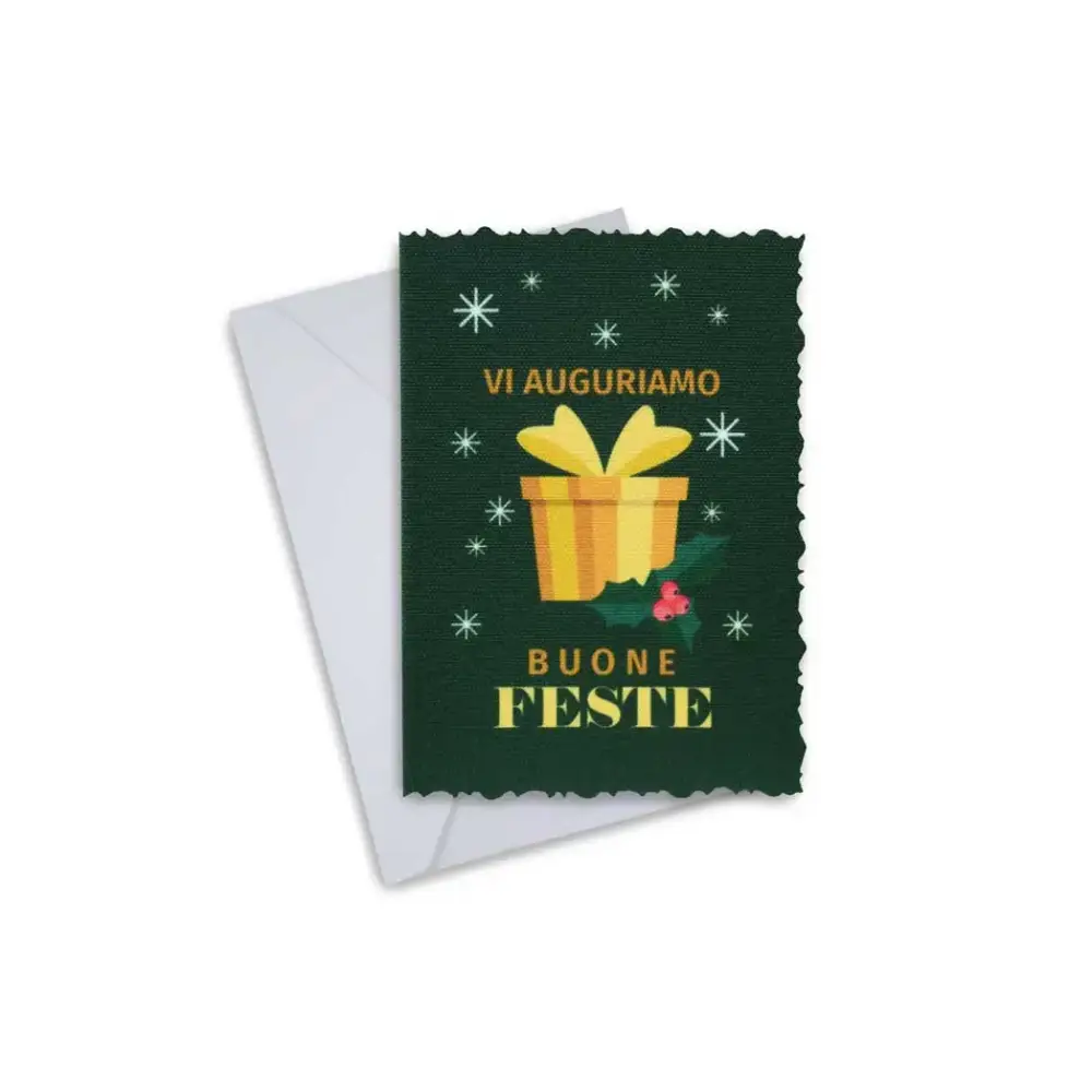 Elegant Christmas greeting card with gift design, featuring "Vi Auguriamo Buone Feste" message, includes envelope.