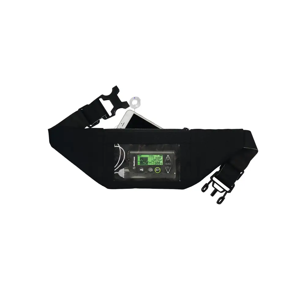 Double Pocket Insulin Pump Belt for kids with type 1 diabetes, featuring front and back pockets for insulin pump and phone, shown in black with adjustable fit.