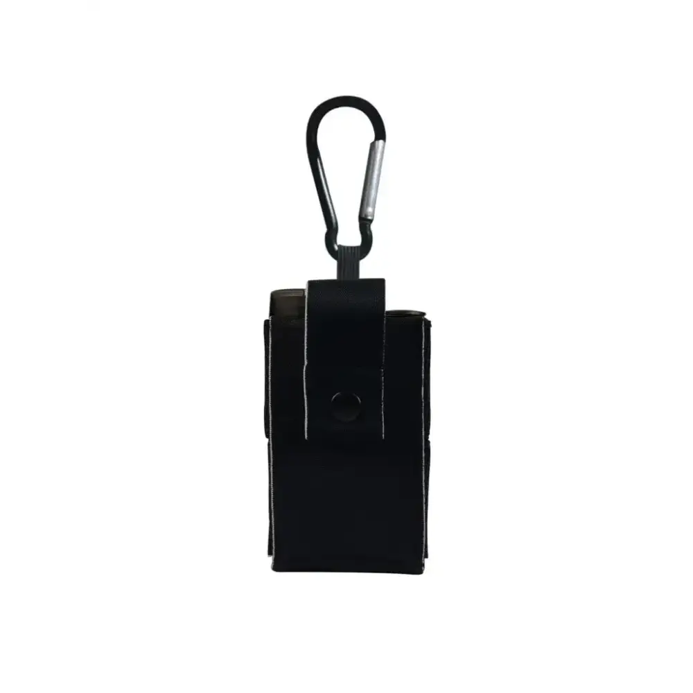 Universal compact pouch for insulin pump with carabiner attachment.