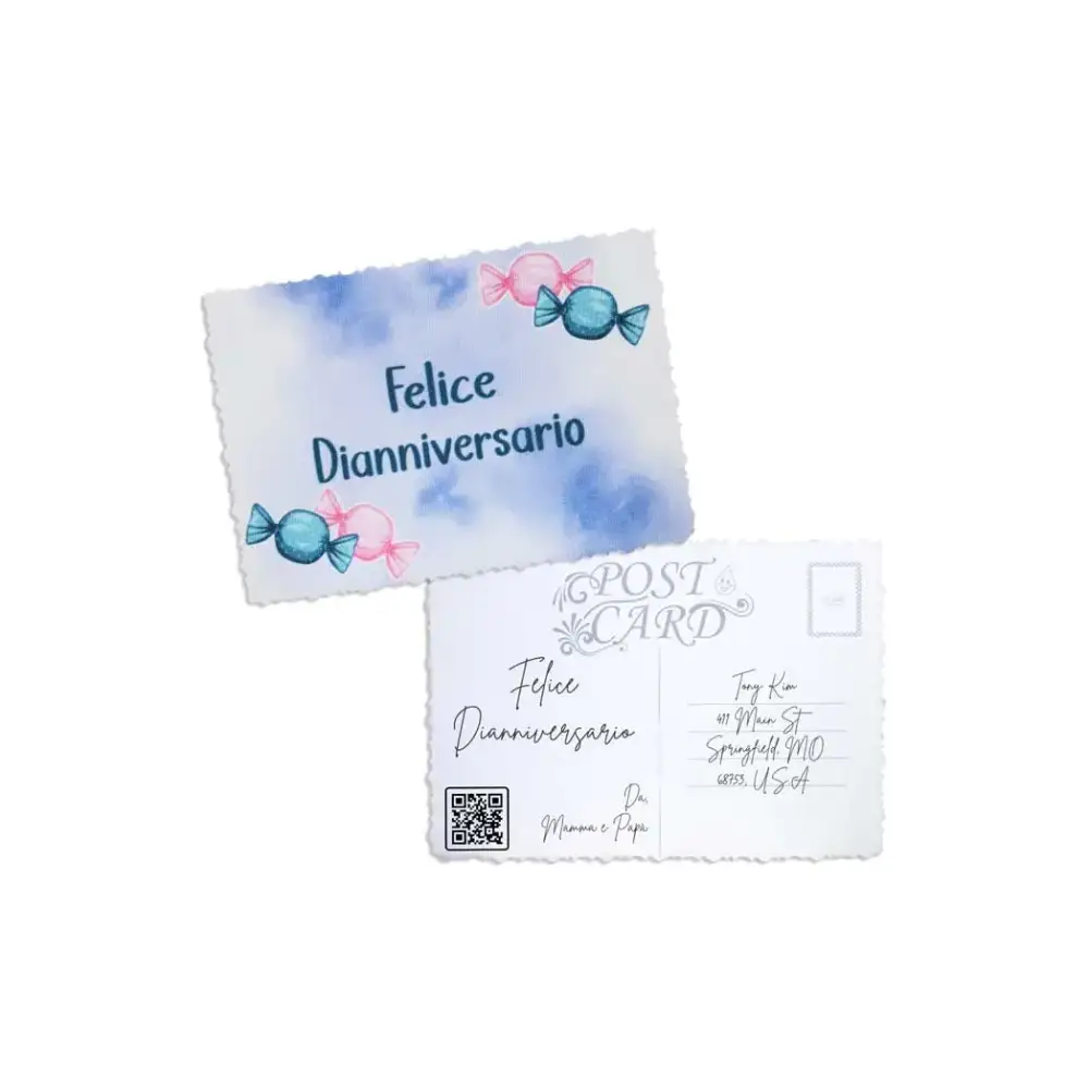 Diaversary Postcards with blue and pink candy design, featuring "Felice Dianniversario" text and personalized message space.