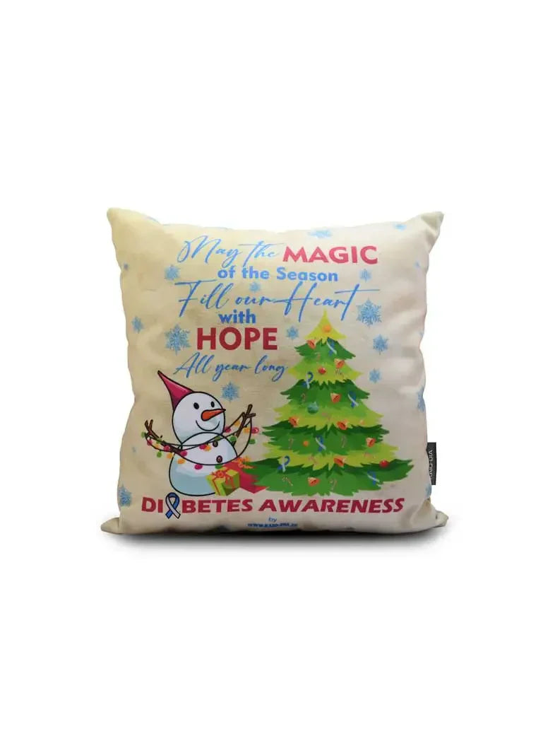 Christmas-themed pillow cover with diabetes awareness message and festive design.