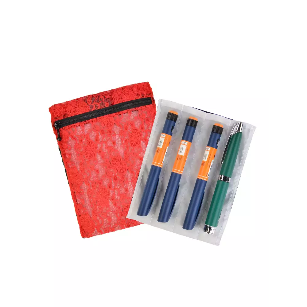 Red lace insulin cooling wallet with storage for 4 insulin pens, compact and stylish.