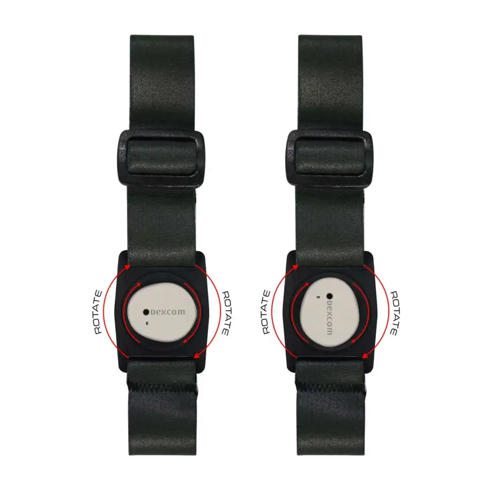 Dexcom G7 grey adjustable armband with rotating clip, elastic strap for sensor placement.