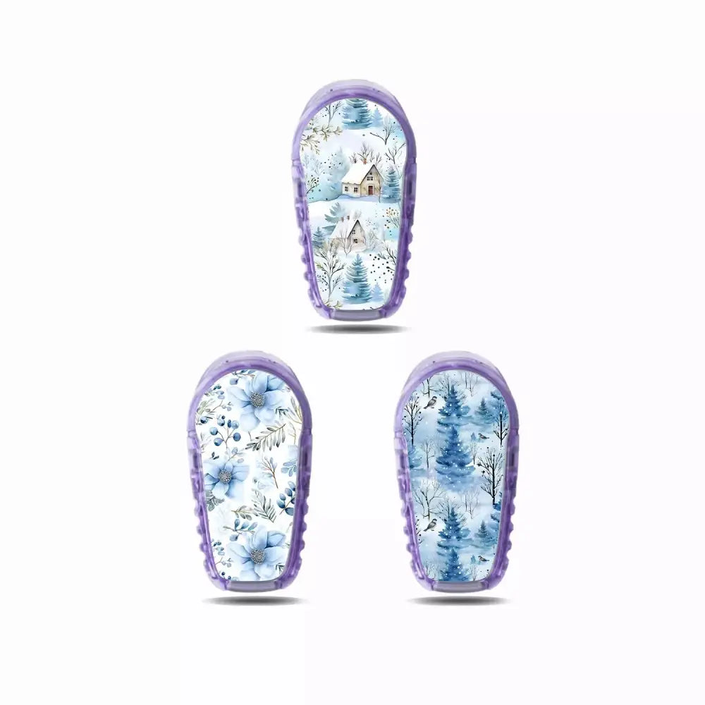 Winter-themed Dexcom G6 sensor stickers for diabetes management.