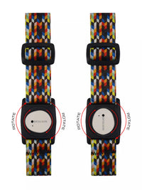 Colorful Dexcom G7 armband with rotating clip for secure sensor fit and stylish design.