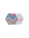 Dexcom G7 hexagonal shape patch front and back view, showing printed fabric and adhesive side for sensor support