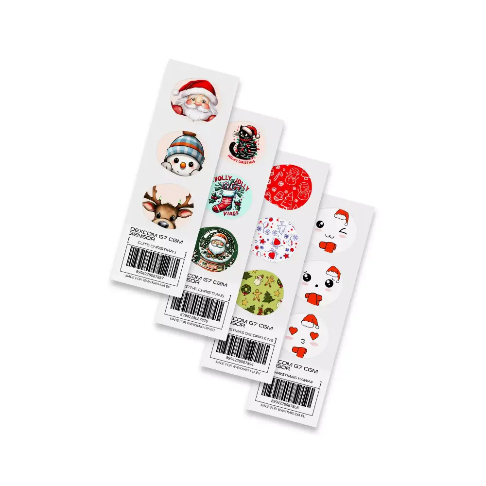 Holiday-themed Dexcom G7 Stickers featuring festive designs for a fun look