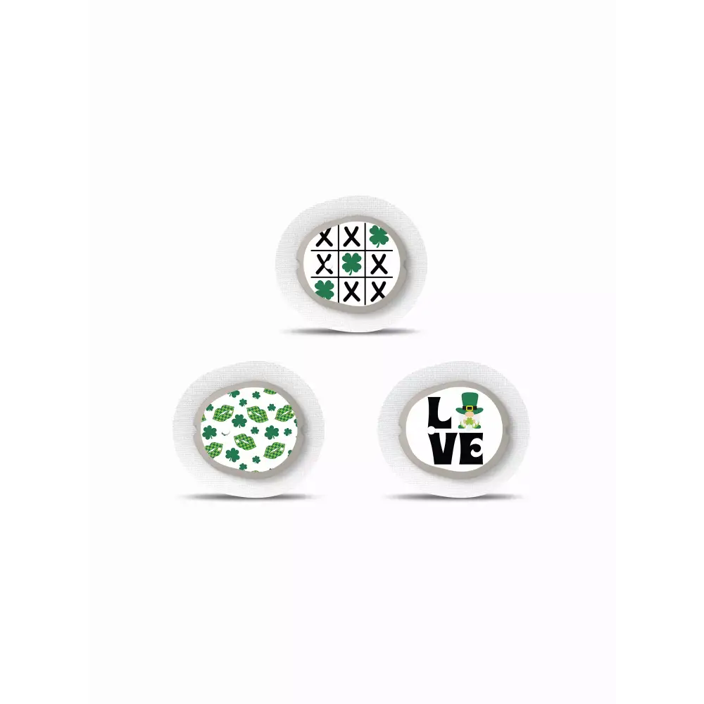 St. Patrick's Day themed Dexcom G7 sensor stickers set with shamrock designs.
