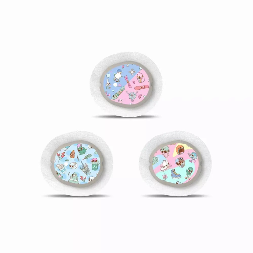 Winter-themed Dexcom G7 sensor stickers, featuring festive designs.