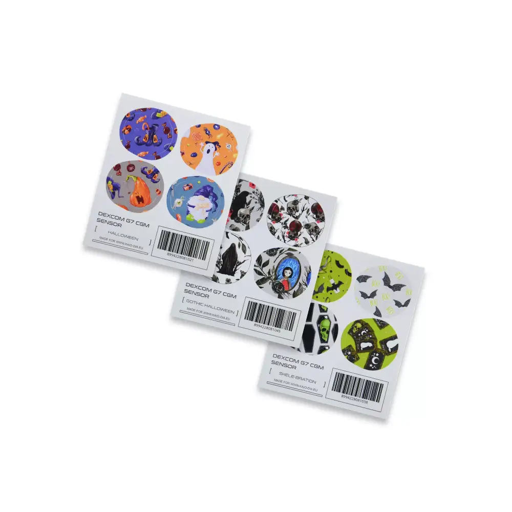 Dexcom G7 CGM Halloween sensor stickers set of 4 with festive designs.