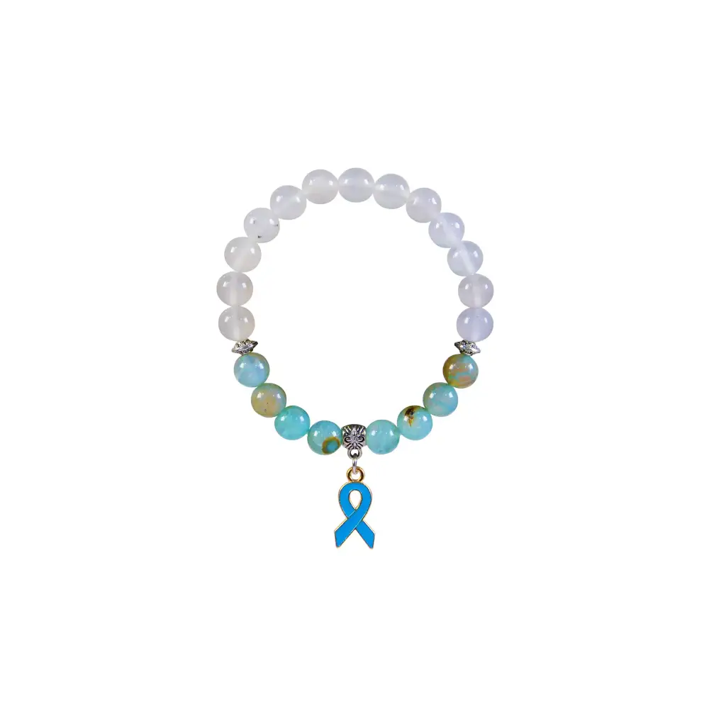 Diabetic bracelet with wooden beads and blue awareness charm for diabetes awareness.
