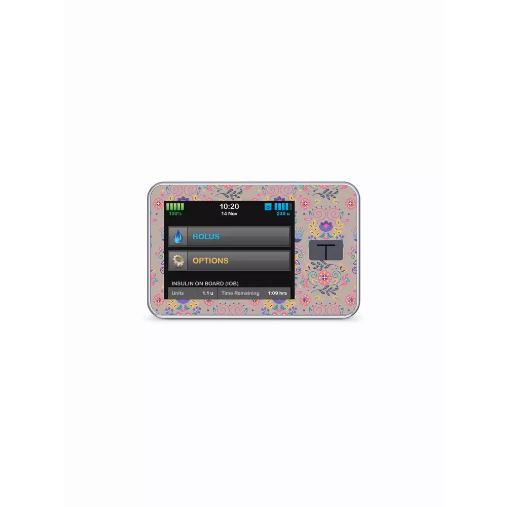 Tandem t:slim insulin pump with colorful spring-themed protective sticker skin