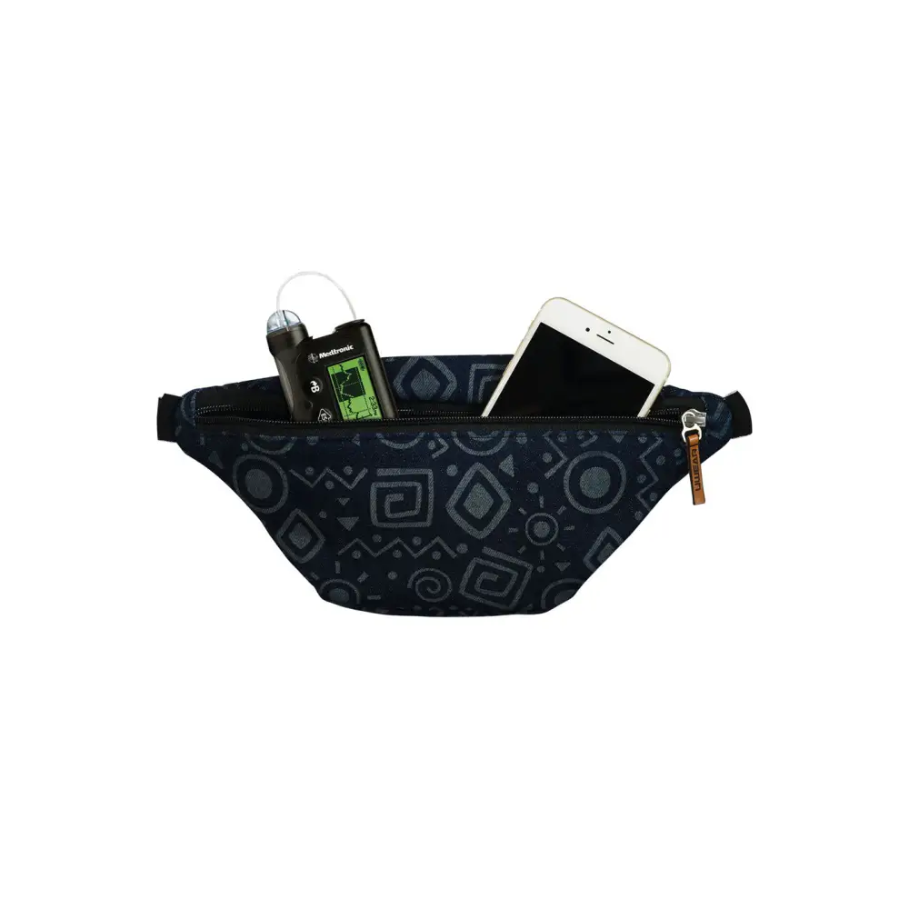 Black patterned Dia-Fanny Pack with geometric designs for diabetic supplies and essentials