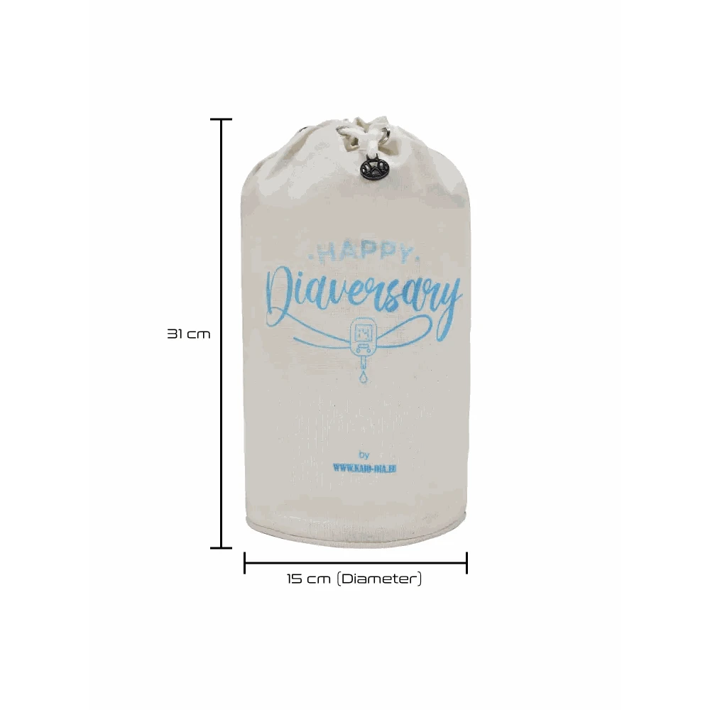 Kaio-Dia Diaversary Small Bucket Bag with dimensions 31 cm height by 15 cm diameter, eco-friendly cotton with 'Happy Diaversary' design.