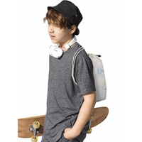 Kaio-Dia Diaversary Small Bucket Bag worn on model's back, with 'Happy Diaversary' design. Ideal for carrying personal items.