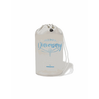 Kaio-Dia Diaversary Small Bucket Bag with 'Happy Diaversary' print, durable cotton with drawstring closure, compact size.