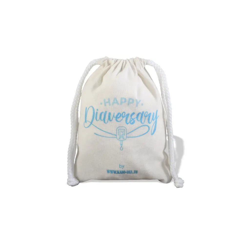 Kaio-Dia Diaversary Gift Bag closed view, showing 'Happy Diaversary' design and spacious interior, eco-friendly cotton.