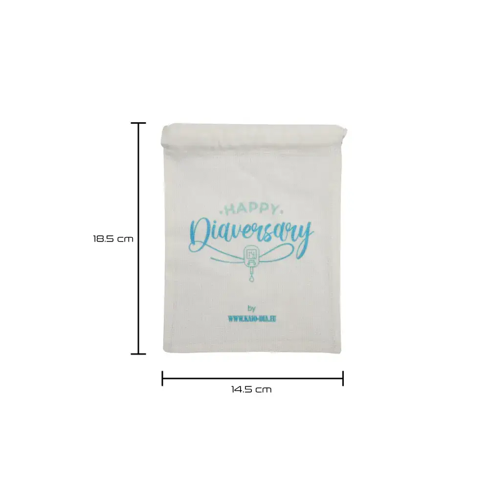 Kaio-Dia Diaversary Large Gift Bag with 'Happy Diaversary' design, 14.5 cm x 18.5 cm, durable cotton drawstring bag.