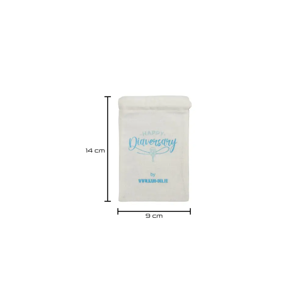 Kaio-Dia Diaversary Small Gift Bag with 'Happy Diaversary' design, 9 cm x 14 cm, eco-friendly cotton drawstring bag.