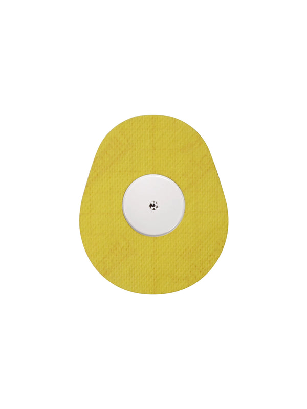 FreeStyle Libre 2 drop shape patch in yellow solid color, breathable adhesive overpatch to help support sensor wear
