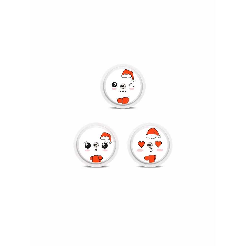 Three circular Freestyle Libre stickers - Christmas featuring cute snowman faces in Santa hats