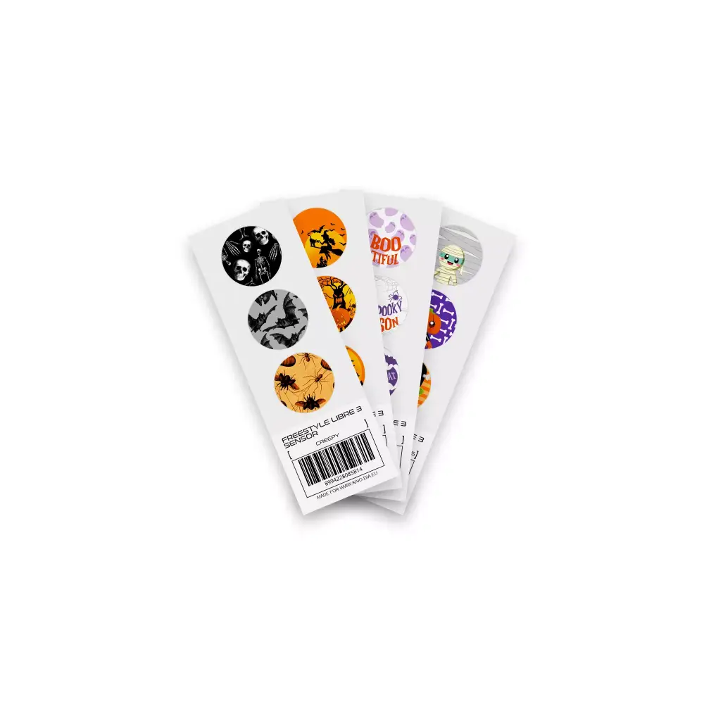 Halloween-themed Freestyle Libre 3 stickers, featuring spooky and festive designs, for sensor protection and style.