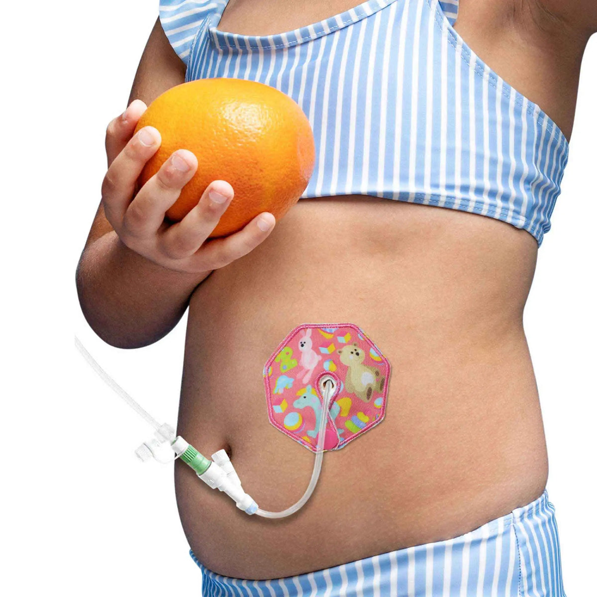 pediatric g tube pad pink worn by child soft protective pad for stoma comfort and daily skin protection
