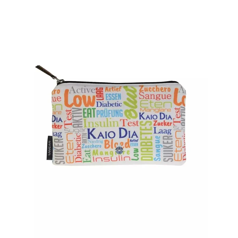 Zipper bag for diabetics with colorful text design, ideal for organizing glucose meter and supplies.