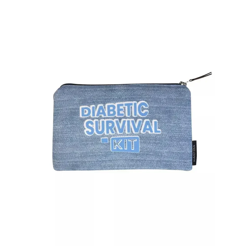 Zipper bag for diabetics with "Diabetic Survival Kit" text, ideal for storing glucose meter and supplies.