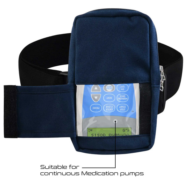 Navy vertical infusion pump bag with adjustable waist belt and transparent window for portable pumps