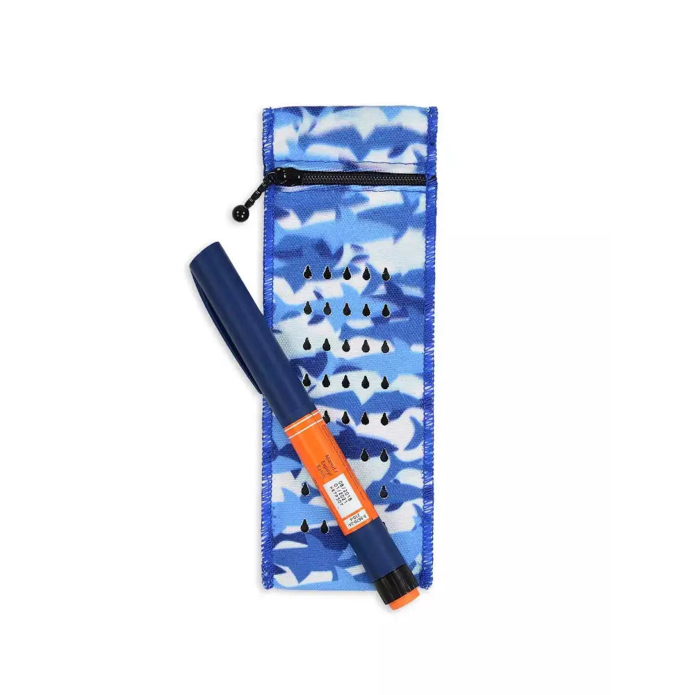 Insulin cooling wallet for 1 insulin pen with blue shark design and zipper closure
