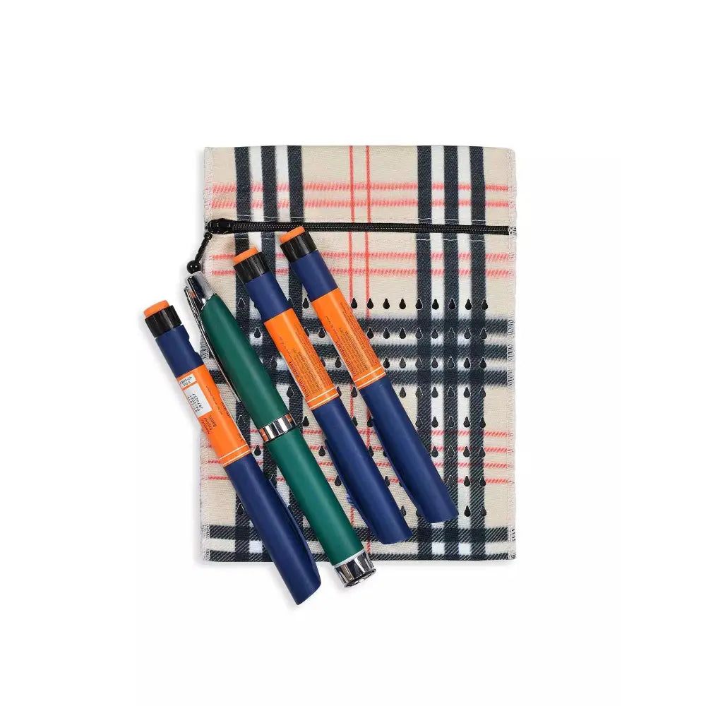 Insulin cooling wallet for 4 pens or 8 vials, plaid design, Dia-Cool by Kaio-Dia, lightweight and portable.
