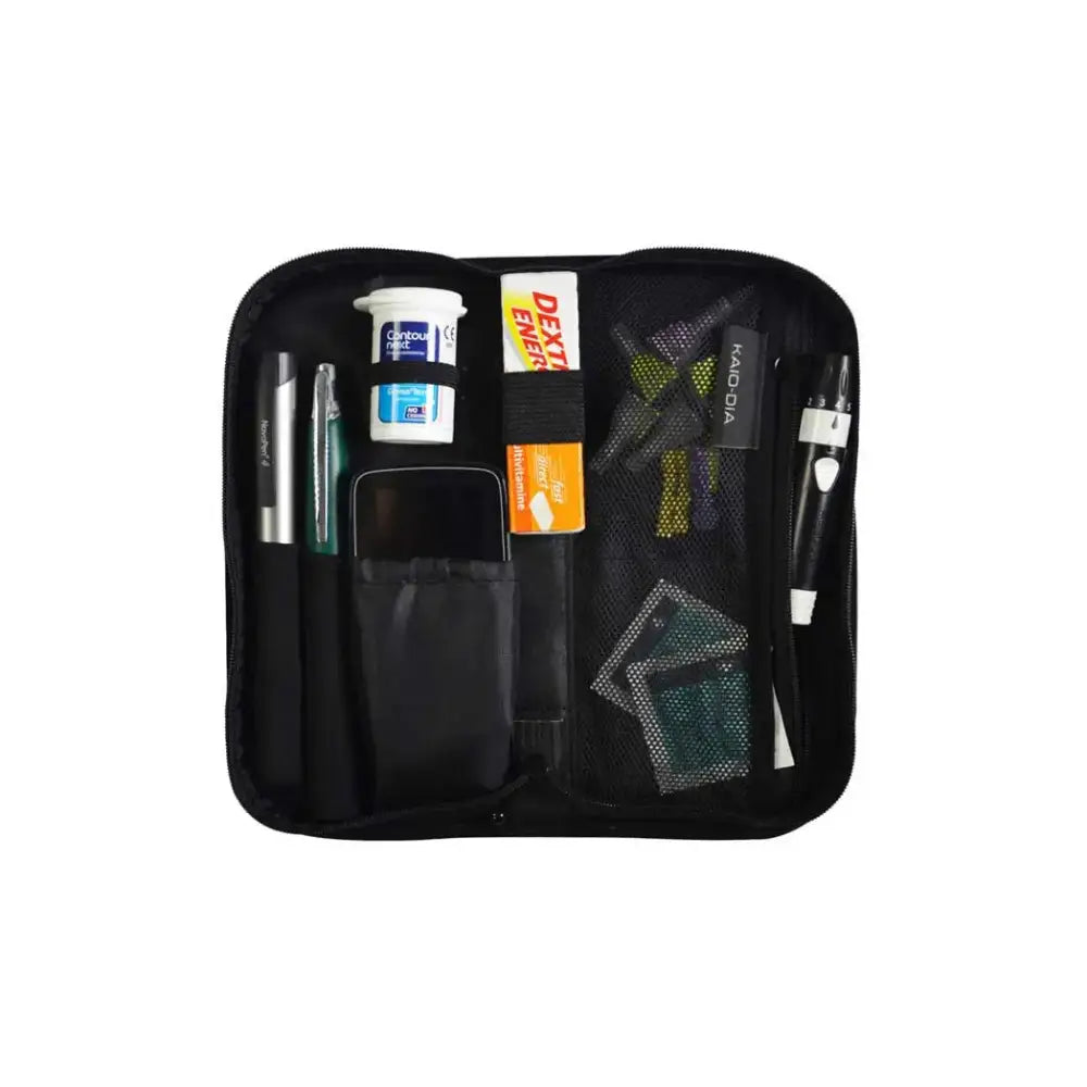 Diabetic travel case with insulin pen and glucose meter compartments.