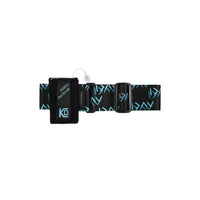 Insulin pump leg band with neoprene pouch for active diabetics, sleek black design with adjustable elastic strap.