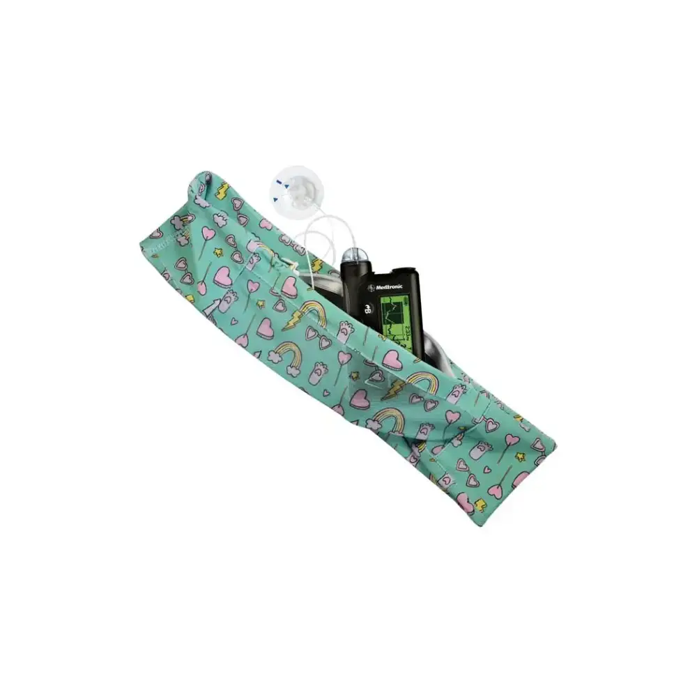 Insulin pump waist belt with mesh window for children featuring colorful design, made for comfort and easy pump access.