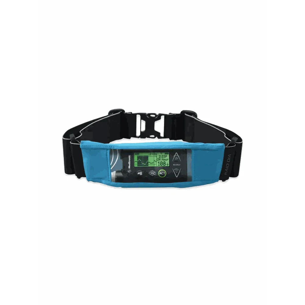 Insulin pump belt with transparent window for easy monitoring, adjustable strap, durable material, Dia-Waist Belt for active lifestyles.