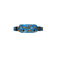 Colorful Insulin Pump Pouch for children with superhero graphics on blue background