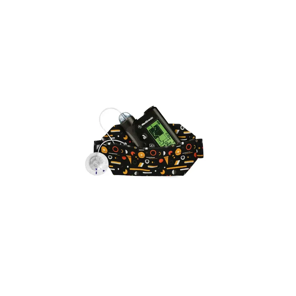 Colorful patterned makeup bag with cosmetics in a Dia-Body Pouch for insulin pumps