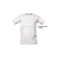 Insulin pump t-shirt with integrated side pockets for pump storage, shown in pristine white.