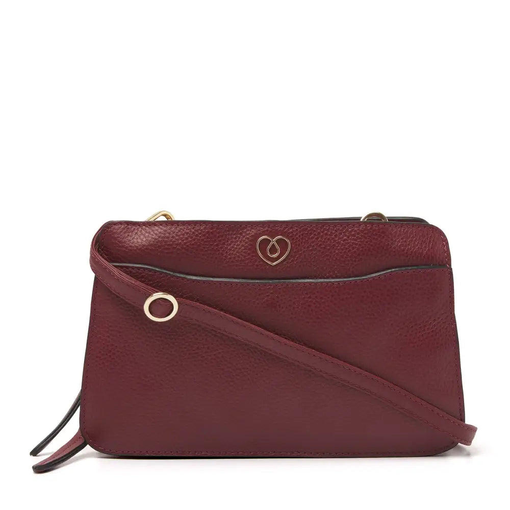 Leather Diabetic Supplies Shoulder Bag - CARICE, Burgundy, with adjustable strap and compartments for diabetic essentials.