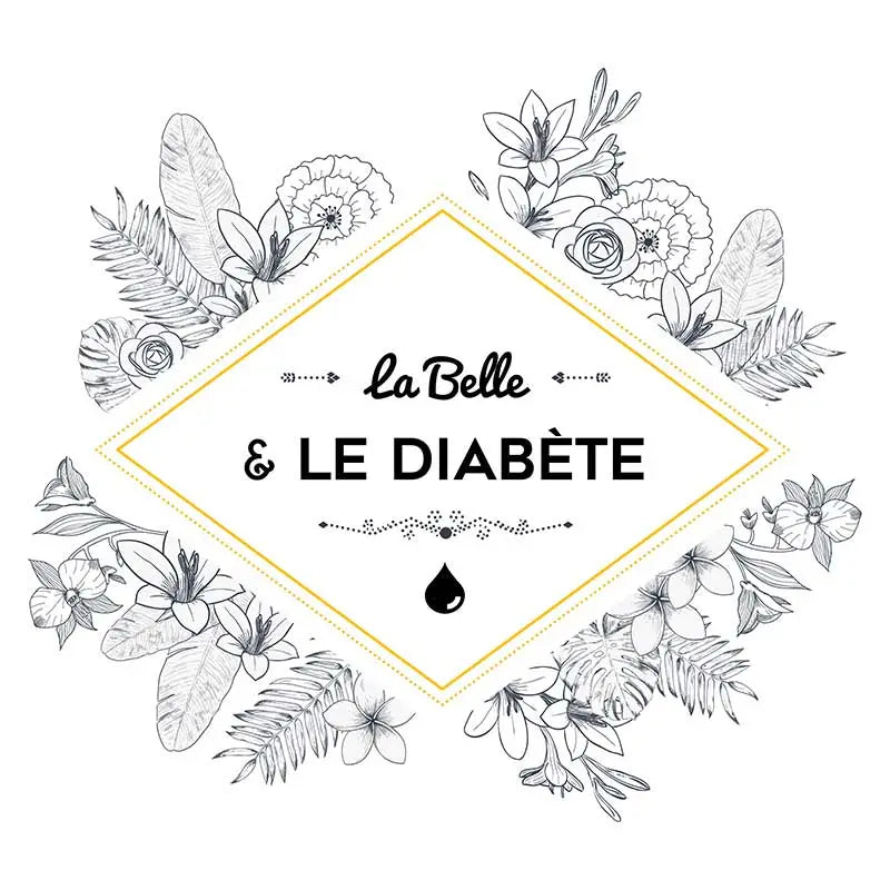 Logo "La Belle & Le Diabète" with a gold diamond frame and black and white floral illustrations. Image