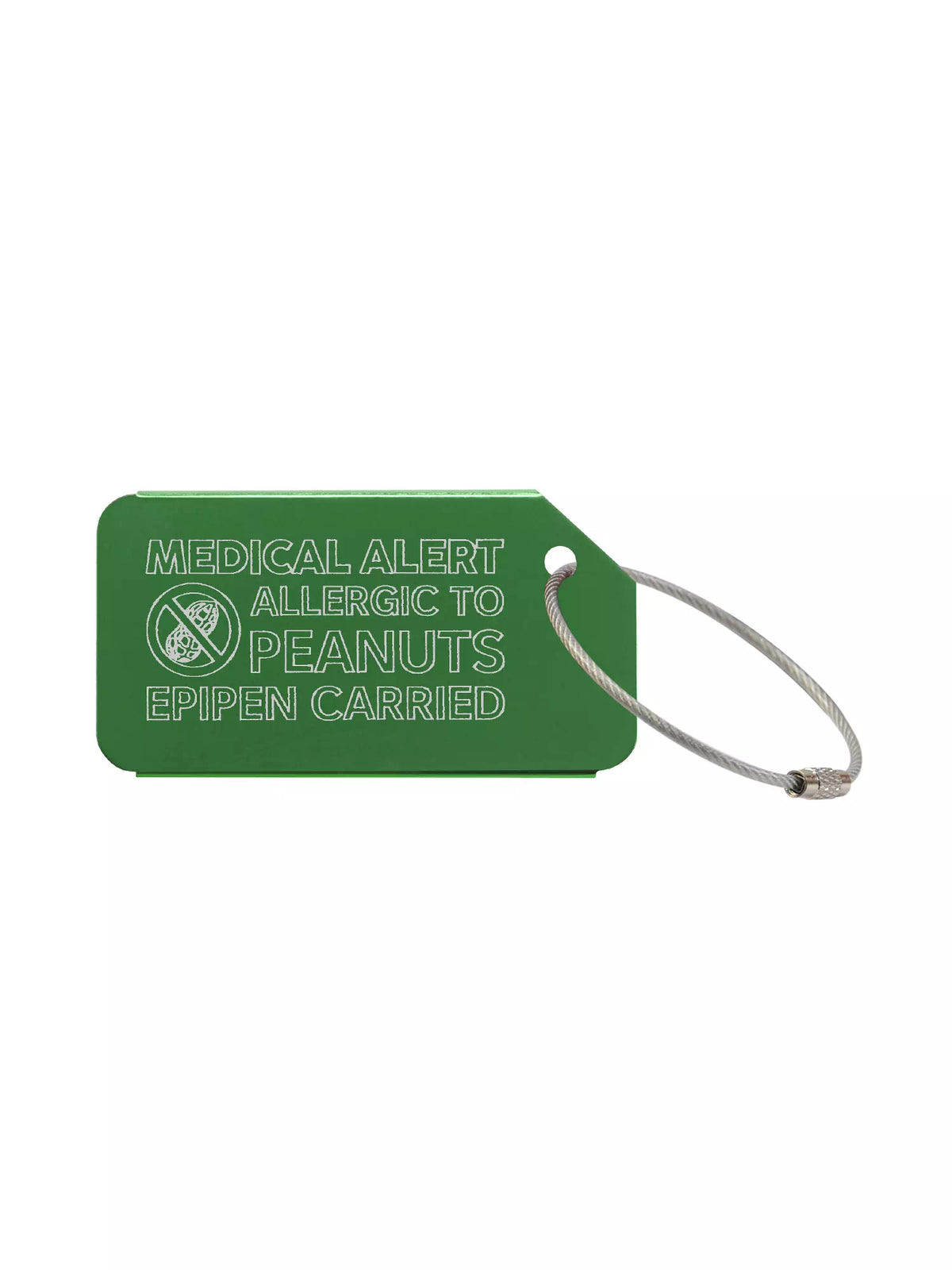 Green medical luggage tag with the text 'Medical Alert Allergic to Peanuts Epipen Carried' engraved.
